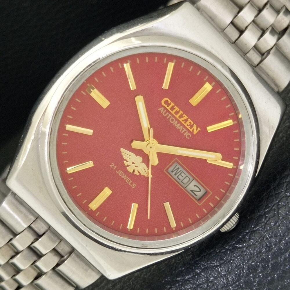 Vintage 1987 Citizen Automatic Mens Silver Watch W/daydate & Red accents